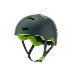 Modern dark grey and lime green bicycle helmet for cycling safety isolated on transparent background