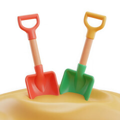 3d realistic toy shovels in sand isolated on transparent background.