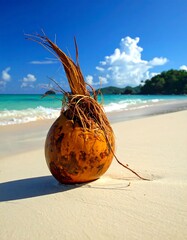 Golden coconut on white sand beach with turquoise ocean and blue sky
