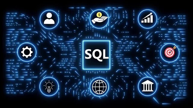 SQL Database Technology Concept with Digital Network and Business Icons information
