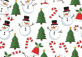 Cute Snowman Christmas Tree Candy Cane Bell Pattern.