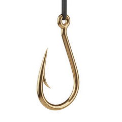 A single shiny golden fishing hook hanging from a thin black string isolated on transparent background