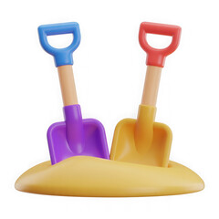 3d realistic toy shovels in sand isolated on transparent background.