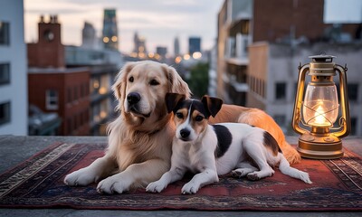 Two Dogs Relaxing on Roof with City View and Lantern