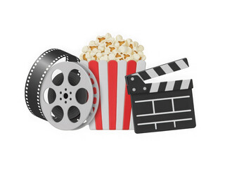 Classic movie reel popcorn bucket and clapperboard isolated on transparent background.