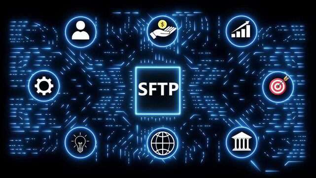 Digital SFTP concept with glowing circuit board and business icons Keywords: SFTP, secure file transfer protocol, data transfer, network security, file sharing, technology, digital, internet