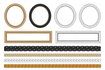 Collection of decorative golden rope frames and borders isolated on transparent background.