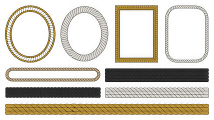 Collection of decorative rope and frame elements isolated on transparent background