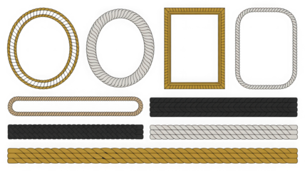 Collection of decorative rope and frame elements isolated on transparent background