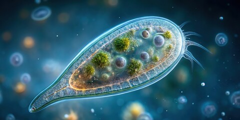 Microscopic Lifeform A Detailed Visualization of a Single-Celled Organism with Internal Structures and Appendages in Aquatic Environment