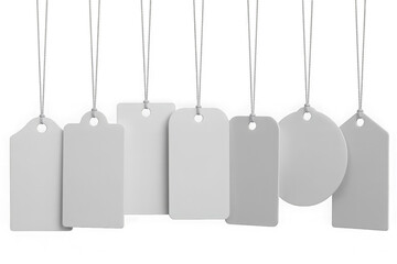 Collection of blank white paper tags hanging on strings isolated on transparent background