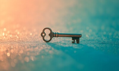 Vintage Key Lying on a Sparkling Surface with a Warm Light