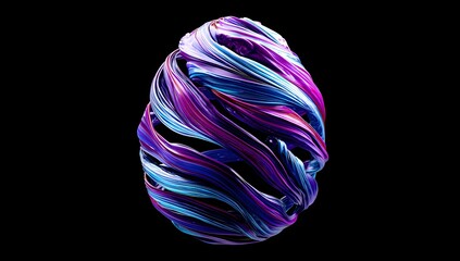Abstract swirling organic form with vibrant iridescent purple blue and pink hues against a stark black background creating a futuristic and ethereal visual effect