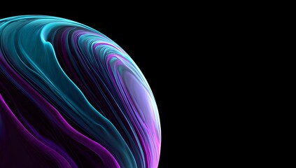 Close up of a swirling abstract pattern with vibrant streaks of turquoise blue and purple against a deep black background creating a cosmic or fluid effect