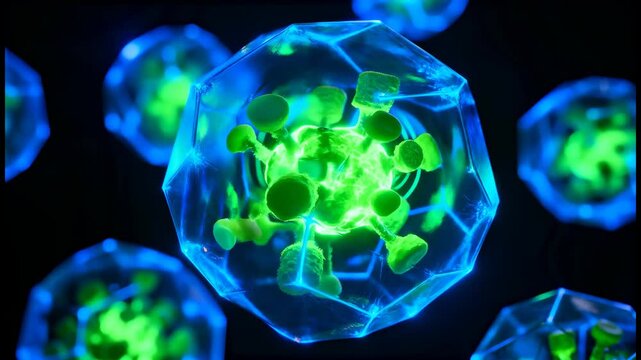 Glowing green viral structures enclosed in transparent blue geometric shells under microscopic magnification