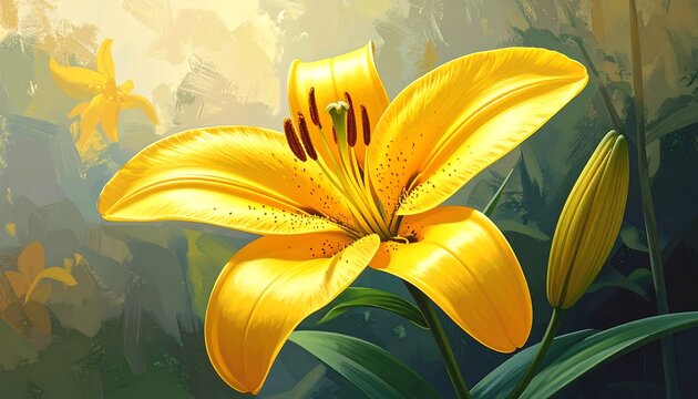 Close-up of a vibrant yellow flower with details, leaves and a bud