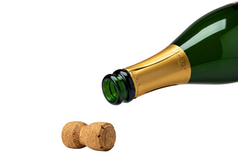 Vibrant green champagne bottle with intricate gold foil detailing and a pristine natural cork, elegantly presented against a seamless transparent studio background, concept for luxury beverage