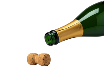 Vibrant green champagne bottle with intricate gold foil detailing and a pristine natural cork, elegantly presented against a seamless transparent studio background, concept for luxury beverage