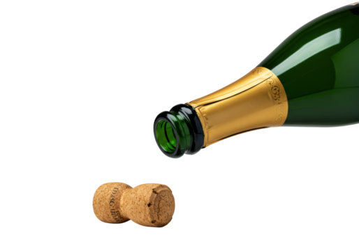 Vibrant green champagne bottle with intricate gold foil detailing and a pristine natural cork, elegantly presented against a seamless transparent studio background, concept for luxury beverage