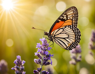 Fototapeta premium Sunny summer nature background with fly butterfly and lavender flowers with sunlight and bokeh. Outdoor nature banner, butterfly on a flower
