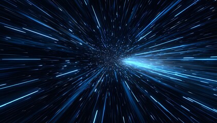 Abstract digital visualization of a luminous blue light tunnel with streaks of light moving at high speed through the darkness of deep space