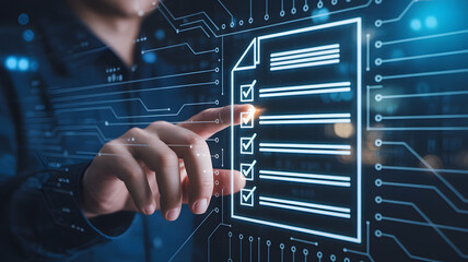 Modern digital checklist interface with glowing checks, hand interacting with virtual form for efficient task management and streamlined workflow solutions