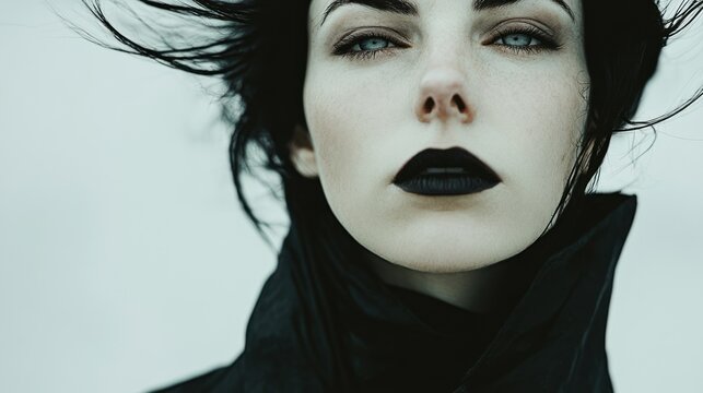 A goth woman, with black lipstick and eyes kohl-rimmed, wearing a black raincoat and a dark outfit, embodies the mysterious essence of the goth subculture.