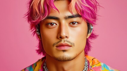 Obraz premium A male K-pop music fan with brightly colored hair, dressed in a fashionable, colorful outfit, looks at the camera on a pink background.