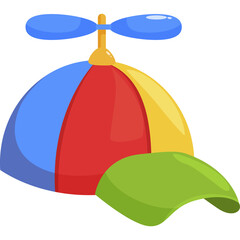 Colorful propeller hat with blue propeller and red yellow blue panels on a white background with green brim in front © wahyusubuh12
