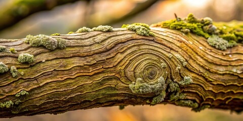 Close-up view of weathered wood exhibiting intricate concentric rings, textured surface, and patches of vibrant green moss