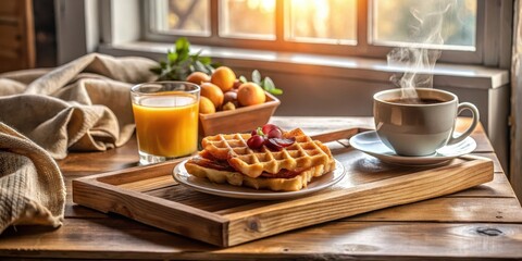 A delightful breakfast scene featuring golden waffles, a steaming cup of coffee, and a glass of refreshing orange juice, all set on a rustic wooden tray bathed in sunlight
