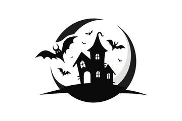 Haunted house flying bats spooky Halloween night icon illustration