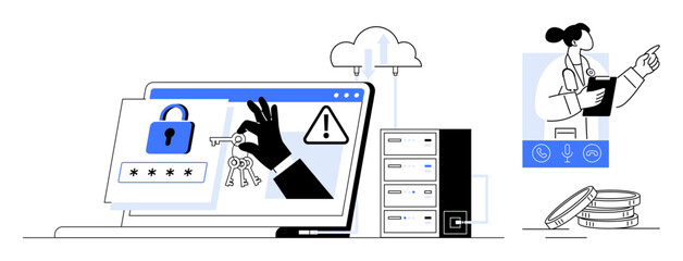 Naklejka na ściany i meble Locked screen, hand holding keys, alert signs, cloud storage, servers, doctor consulting online. Ideal for technology, security, healthcare privacy online protection data ownership simple flat Naklejka na ściany i meble Locked screen, hand holding keys, alert signs, cloud storage, servers, doctor consulting online. Ideal for technology, security, healthcare privacy online protection data ownership simple flat