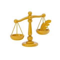 Golden scales of justice balancing a leafy branch on transparent background isolated on transparent background