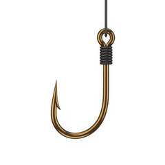 Close up of a sharp golden fishing hook with fishing line isolated on transparent background