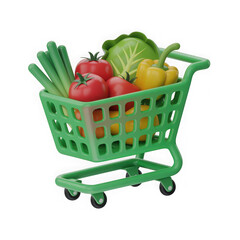  shopping cart full of vegetables plastic 3d icon in cartoon plastic style minimal isolated on transparent white background,