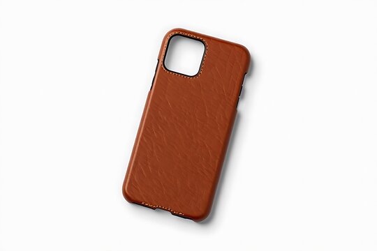 Brown leather phone case for modern smartphone on white background