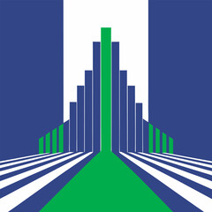 Abstract geometric perspective with tall building and red path, Abstract geometric composition with a central tall structure, radiating lines, and a red path leading forward.