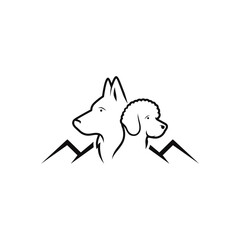 Stylized Wolf and Poodle Heads with Mountain Peaks Silhouette Logo
