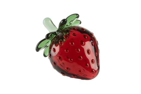 Detailed close up of a shiny red glass strawberry figurine isolated on transparent background