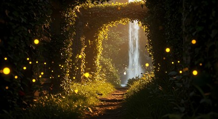 Walking Towards Waterfall Through Vine Covered Archway