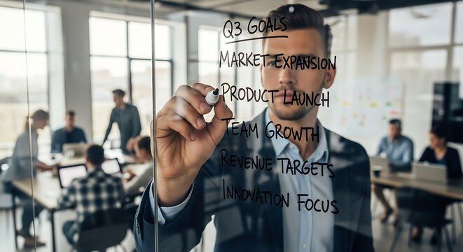 Confident entrepreneur writing Q3 goals on glass board in modern office, inspiring team strategy for product launch and market expansion, driving team growth