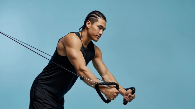 Muscular asian man performing a cable crossover chest exercise. Athlete doing a strength training workout in a studio. Fitness and bodybuilding concept with copy space