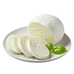 Pristine large ball of fresh Italian mozzarella cheese, creamy fanned slices on white plate with basil & sea salt, isolated on transparent, 45-degree view, concept of culinary freshness