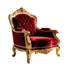 Ornate golden framed red velvet armchair on a dark background