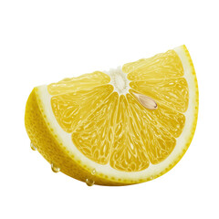 A perfectly cut lemon wedge with vibrant yellow rind, sparkling water droplets, translucent juicy pulp, and clear segments, isolated on a seamless transparent background. Concept for fresh food and