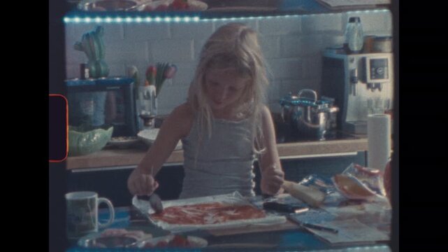 Blonde girl spreads tomato sauce on dough while cooking pizza in cozy vintage kitchen with natural light and soft focus