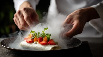 Chef presenting  strawberry orange and mint dessert with  theatrical smoke effect on  dark plate