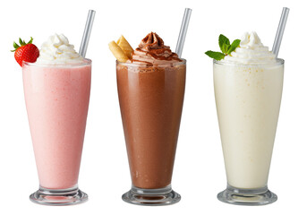 Three milkshakes: strawberry, chocolate, vanilla in clear glasses with whipped cream, chocolate & mint on transparent studio background, commercial food photography concept.