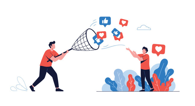 Two people trying to catch social media likes and hearts with a net.
